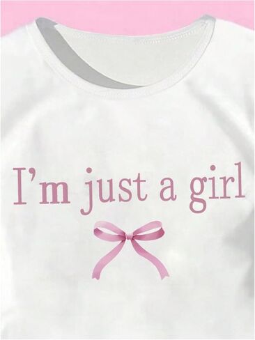 Girl's Graphic Tee Crew Neck Letter Bow Print Crop Tops Casual Cute Short Sleeve T Shirt in Kuwait