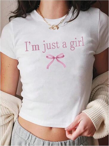 Girl's Graphic Tee Crew Neck Letter Bow Print Crop Tops Casual Cute Short Sleeve T Shirt in Kuwait