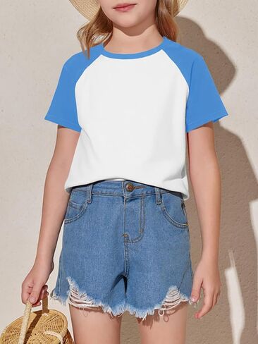Imily Bela Kids Girls T Shirts Casual Raglan Short Sleeve Crewneck Color Block Summer Tees 5-14 Years in Saudi Arabia
