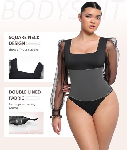 FeelinGirl Bodysuit for Women Tummy Control Seamless Fashion Thong Tops Long Puff Sleeve Bodysuit in Kuwait