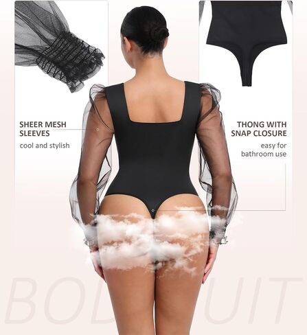 FeelinGirl Bodysuit for Women Tummy Control Seamless Fashion Thong Tops Long Puff Sleeve Bodysuit in Kuwait