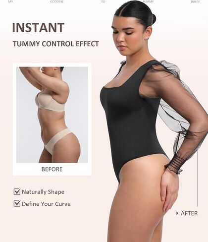 FeelinGirl Bodysuit for Women Tummy Control Seamless Fashion Thong Tops Long Puff Sleeve Bodysuit in Kuwait