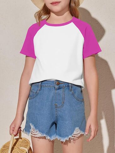 Imily Bela Kids Girls T Shirts Casual Raglan Short Sleeve Crewneck Color Block Summer Tees 5-14 Years in Saudi Arabia