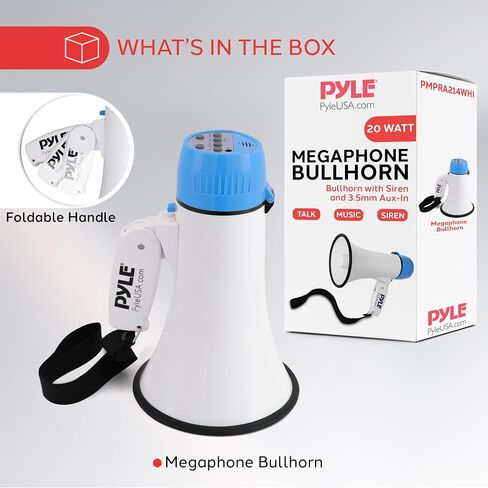 Pyle 20W Megaphone Bullhorn - صفارة إنذار أوتوماتيكية محمولة وحجم قابل للتعديل، نطاق عرض يصل إلى 400 ياردة مربعة، مدخل Aux، حديث، صفارة إنذار، موسيقى، صفارة، تسجيل، حزام كتف (برتقالي) in Saudi Arabia