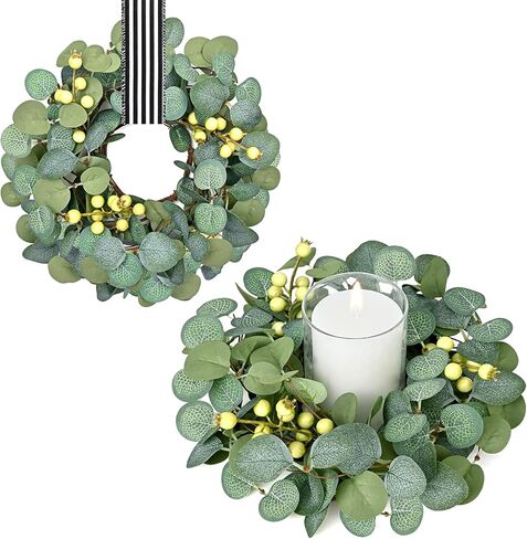 Waipfaru Eucalyptus Wreath, Candle Rings Wreaths with Buffalo Plaid Ribbon, Small Mini Greenery Wreath, Spring Summer Wreaths for Wedding Farmhouse Kitchen Cabinet Table Centerpieces Decor (2 Pcs) in Kuwait