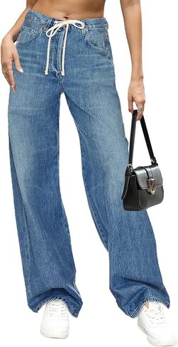 Allimy Womens Drawstring High Waist Wide Leg Jeans Straight Leg Washed Denim Jeans Pants in Saudi Arabia