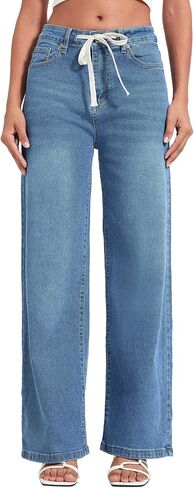Allimy Womens Drawstring High Waist Wide Leg Jeans Straight Leg Washed Denim Jeans Pants in Saudi Arabia