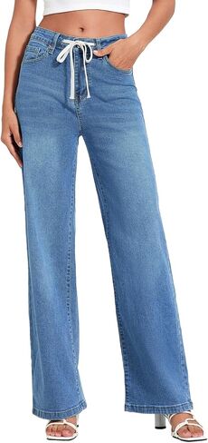 Allimy Womens Drawstring High Waist Wide Leg Jeans Straight Leg Washed Denim Jeans Pants in Saudi Arabia