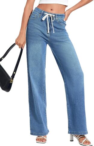 Allimy Womens Drawstring High Waist Wide Leg Jeans Straight Leg Washed Denim Jeans Pants in Saudi Arabia