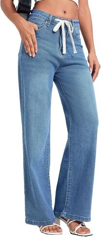 Allimy Womens Drawstring High Waist Wide Leg Jeans Straight Leg Washed Denim Jeans Pants in Saudi Arabia