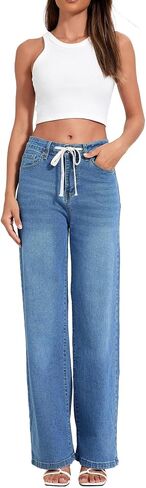 Allimy Womens Drawstring High Waist Wide Leg Jeans Straight Leg Washed Denim Jeans Pants in Saudi Arabia