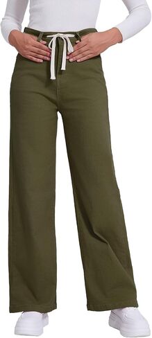 Allimy Womens Drawstring High Waist Wide Leg Jeans Straight Leg Washed Denim Jeans Pants in Saudi Arabia
