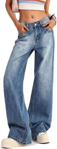 Women's Low Rise Baggy Jeans Washed Straight Wide Leg Denim Pants Casual Loose Boyfriend Jean Streewear Trousers in Kuwait