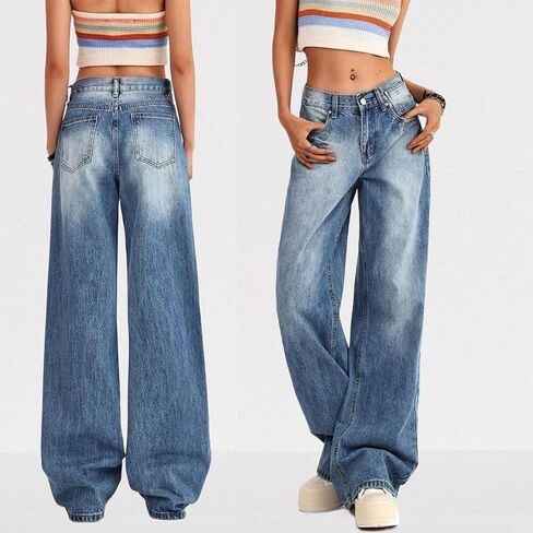 Women's Low Rise Baggy Jeans Washed Straight Wide Leg Denim Pants Casual Loose Boyfriend Jean Streewear Trousers in Kuwait