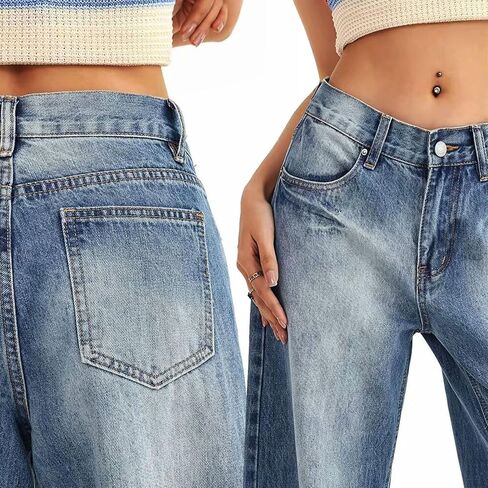 Women's Low Rise Baggy Jeans Washed Straight Wide Leg Denim Pants Casual Loose Boyfriend Jean Streewear Trousers in Kuwait
