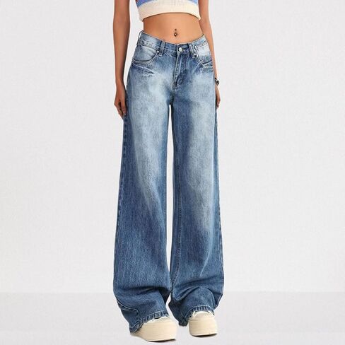 Women's Low Rise Baggy Jeans Washed Straight Wide Leg Denim Pants Casual Loose Boyfriend Jean Streewear Trousers in Kuwait