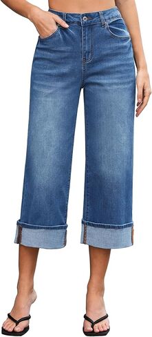 Vetinee Capris Jeans for Women Wide Leg High Waisted Trendy Fold Hem Summer Casual Stretchy Denim Jean Capri Pants in Kuwait