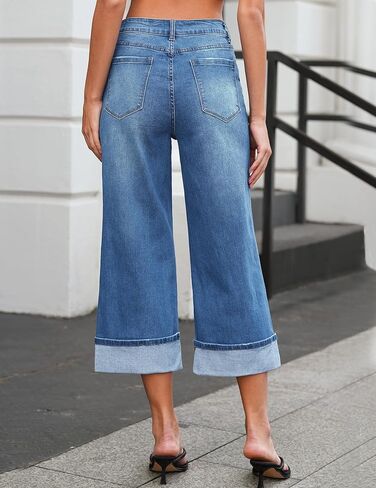 Vetinee Capris Jeans for Women Wide Leg High Waisted Trendy Fold Hem Summer Casual Stretchy Denim Jean Capri Pants in Kuwait