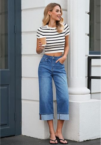 Vetinee Capris Jeans for Women Wide Leg High Waisted Trendy Fold Hem Summer Casual Stretchy Denim Jean Capri Pants in Kuwait