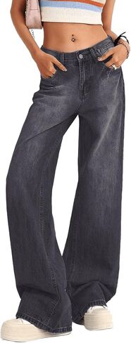 Women's Low Rise Baggy Jeans Washed Straight Wide Leg Denim Pants Casual Loose Boyfriend Jean Streewear Trousers in Kuwait