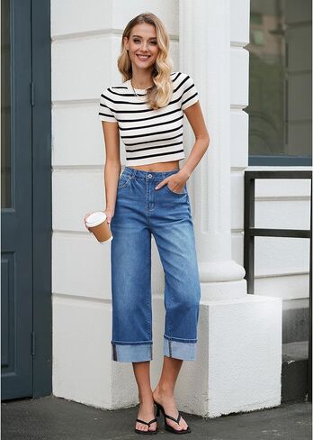 Vetinee Capris Jeans for Women Wide Leg High Waisted Trendy Fold Hem Summer Casual Stretchy Denim Jean Capri Pants in Kuwait