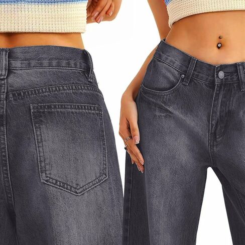 Women's Low Rise Baggy Jeans Washed Straight Wide Leg Denim Pants Casual Loose Boyfriend Jean Streewear Trousers in Kuwait