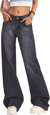Women's Low Rise Baggy Jeans Washed Straight Wide Leg Denim Pants Casual Loose Boyfriend Jean Streewear Trousers in Kuwait