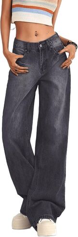 Women's Low Rise Baggy Jeans Washed Straight Wide Leg Denim Pants Casual Loose Boyfriend Jean Streewear Trousers in Kuwait