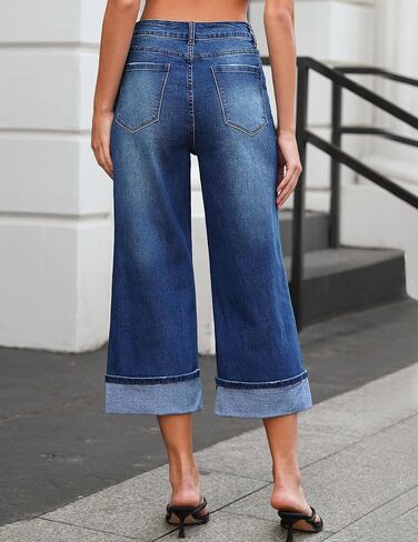 Vetinee Capris Jeans for Women Wide Leg High Waisted Trendy Fold Hem Summer Casual Stretchy Denim Jean Capri Pants in Kuwait