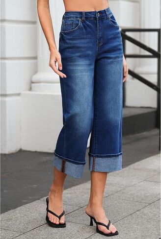 Vetinee Capris Jeans for Women Wide Leg High Waisted Trendy Fold Hem Summer Casual Stretchy Denim Jean Capri Pants in Kuwait