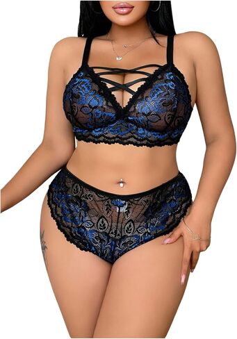 Women's Plus Size 2 Pieces Valentine Lingerie Set Floral Lace Sheer Criss Cross Bra and Panty in Saudi Arabia