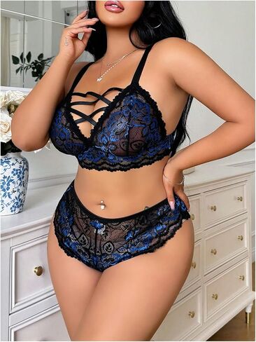 Women's Plus Size 2 Pieces Valentine Lingerie Set Floral Lace Sheer Criss Cross Bra and Panty in Saudi Arabia