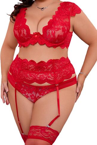 Donnalla Plus Size Lingerie Sets for Women Sexy Matching Bra and Panty Sets Lace Lingerie Set with Garter Belt(No Stockings) in Kuwait