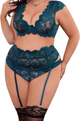 Donnalla Plus Size Lingerie Sets for Women Sexy Matching Bra and Panty Sets Lace Lingerie Set with Garter Belt(No Stockings) in Kuwait