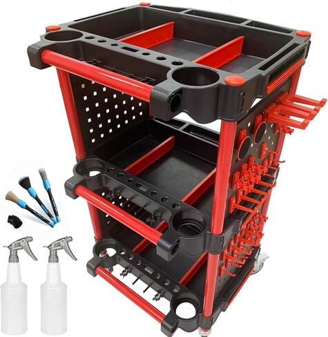 CAR CARNENT CART - CART AUTO تفاصيل الأدوات مع 4 أدوات شنق لوحة ، 360 درجة قابلة للقفل العجلات العالمية ، 3 TIER CAR WASH CART للتفاصيل المهنية (4 أداة شنقا) in Kuwait