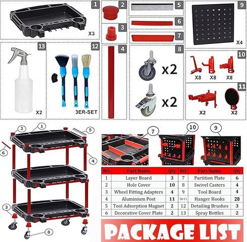 CAR CARNENT CART - CART AUTO تفاصيل الأدوات مع 4 أدوات شنق لوحة ، 360 درجة قابلة للقفل العجلات العالمية ، 3 TIER CAR WASH CART للتفاصيل المهنية (4 أداة شنقا) in Kuwait