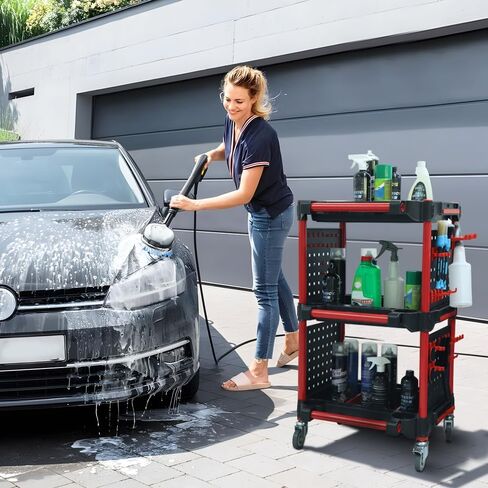 CAR CARNENT CART - CART AUTO تفاصيل الأدوات مع 4 أدوات شنق لوحة ، 360 درجة قابلة للقفل العجلات العالمية ، 3 TIER CAR WASH CART للتفاصيل المهنية (4 أداة شنقا) in Kuwait