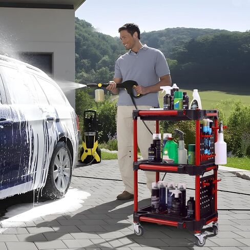 CAR CARNENT CART - CART AUTO تفاصيل الأدوات مع 4 أدوات شنق لوحة ، 360 درجة قابلة للقفل العجلات العالمية ، 3 TIER CAR WASH CART للتفاصيل المهنية (4 أداة شنقا) in Saudi Arabia
