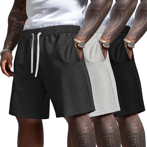 Ficerd 3 Pack Big and Tall Men's Sweat Shorts 9'' Plus Size Bermuda Drawstring Elastic Waist Shorts with 3 Pocket in Saudi Arabia
