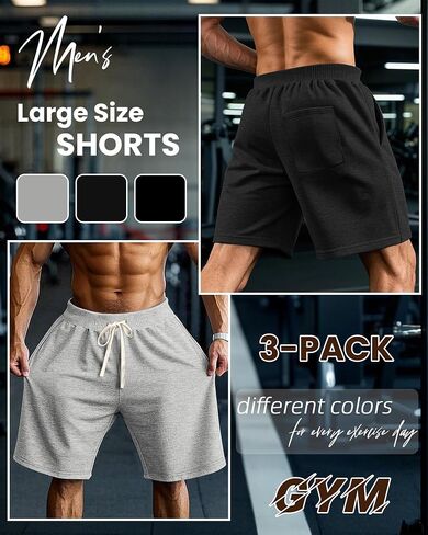 Ficerd 3 Pack Big and Tall Men's Sweat Shorts 9'' Plus Size Bermuda Drawstring Elastic Waist Shorts with 3 Pocket in Saudi Arabia