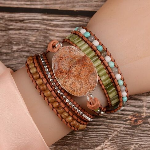 YGLINE Ocean Jasper Stone Wrap Bracelet Handmade Leather Bracelet Collection in Kuwait