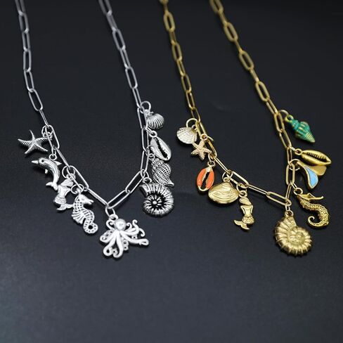 JNF Cute Boho Charm Necklace for Women Paperclip Chain Necklace Sun Moon Star Coin Heart Flower Boot Boho Bow Charms Necklaces in Saudi Arabia
