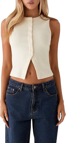 Mxiqqpltky Knit Tank Tops for Women Y2k Sleeveless Crewneck Button Down Slim Fitted Ribbed Sweater Tank Going Out Vest Top in Saudi Arabia