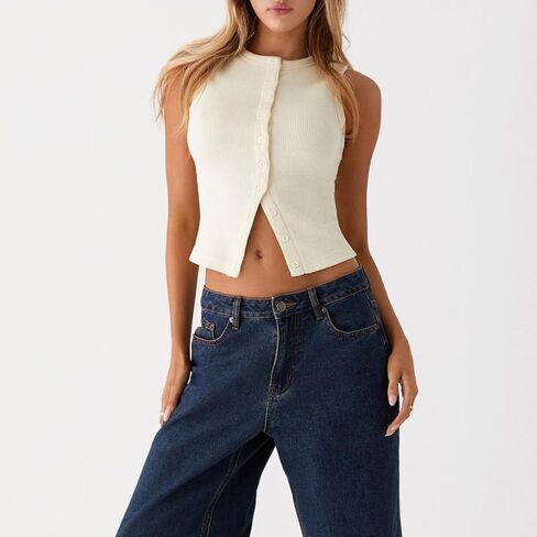 Mxiqqpltky Knit Tank Tops for Women Y2k Sleeveless Crewneck Button Down Slim Fitted Ribbed Sweater Tank Going Out Vest Top in Saudi Arabia