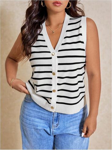 SOLY HUX Women's Plus Size Striped Sweater Vest V Neck Sleeveless Button Down Knit Tank Tops in Saudi Arabia