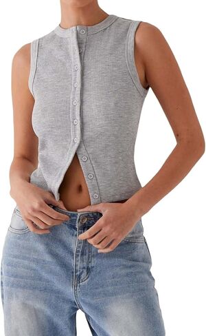 Mxiqqpltky Knit Tank Tops for Women Y2k Sleeveless Crewneck Button Down Slim Fitted Ribbed Sweater Tank Going Out Vest Top in Saudi Arabia