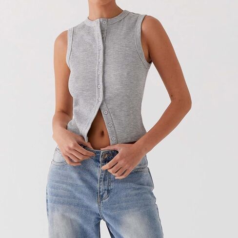 Mxiqqpltky Knit Tank Tops for Women Y2k Sleeveless Crewneck Button Down Slim Fitted Ribbed Sweater Tank Going Out Vest Top in Saudi Arabia
