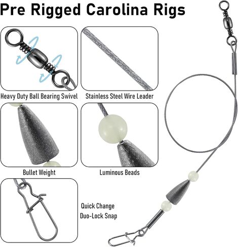 Dr.Fish 15 Pack Carolina Ready Rigs with Bullet Sinkers, Pre Rigged Stainless Steel Wire Leaders for Bass Fishing Rigs Snelled Hooks Freshwater Leaders with Swivels Catfish Walleye in Saudi Arabia