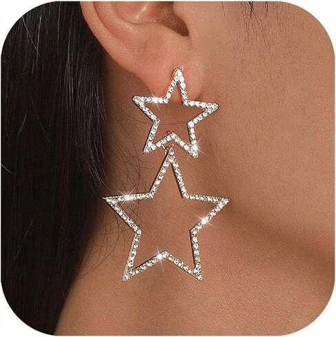 Star Earrings Gold/Silver Sparkly Rhinestone Earrings for Women Big Tassel Star Drop Earings For s Birthday Party Star Jewelry Gifts in Saudi Arabia