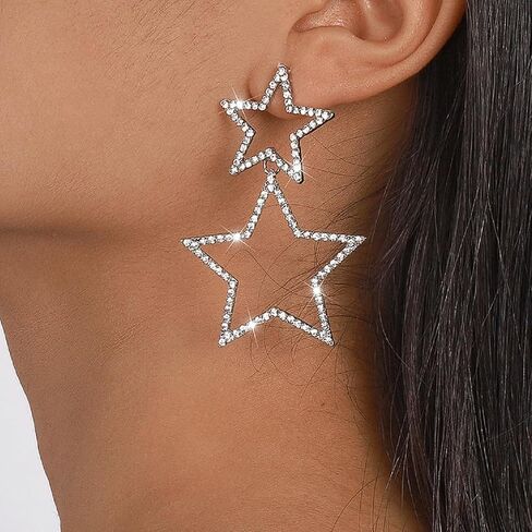 Star Earrings Gold/Silver Sparkly Rhinestone Earrings for Women Big Tassel Star Drop Earings For s Birthday Party Star Jewelry Gifts in Saudi Arabia